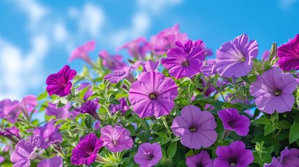 Obraz premium Purple petunia flowers blooming against blue sky