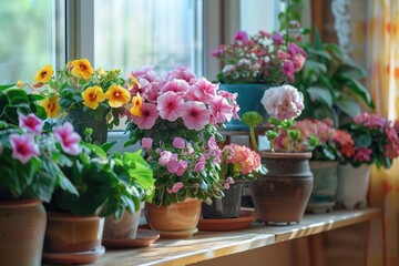 Fototapeta premium Vivid assortment flowers of potted exhibiting a variety of colors and types