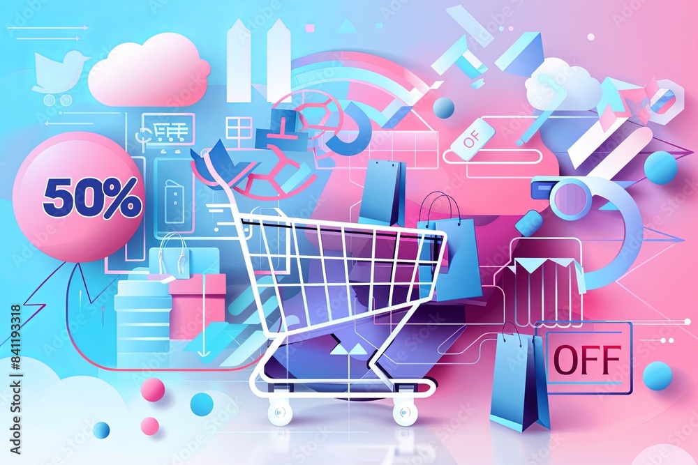Poster an abstract background featuring a shopping cart, product icons, and a bold 50% off text. digital el