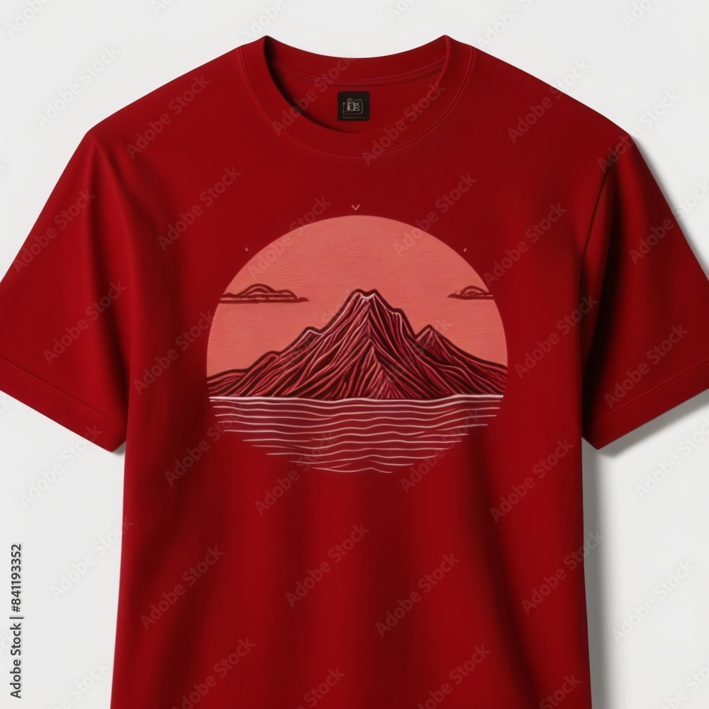 Wall mural 3D render of a Men's T-shirt in red color with a mountain print