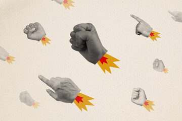 Composite creative artwork photo collage of arms flying forward with fuel fingers pointing on sky...