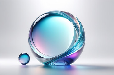 3d glass balls on the grey background. Clear colourful circle big and small shapes 