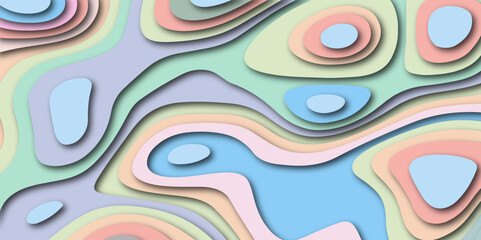 Abstract smooth pastel multi color papercut background with waves. Pastel color multi layer topography contour curve and wavy 3d paper cut.