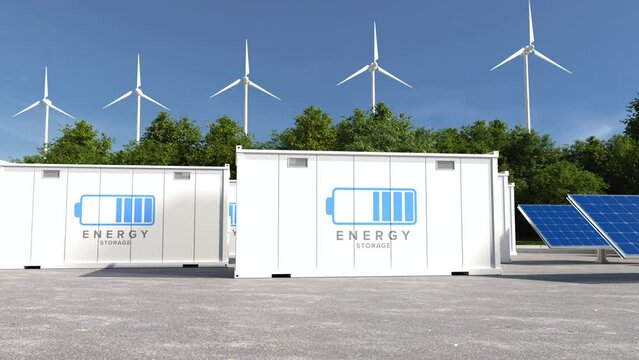 Energy storage systems with wind turbines and solar farms, Green alternative energy, Net zero emissions concept.