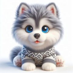 Obraz premium fluffy puppy with blue eyes husky breed in a sweater on a white background