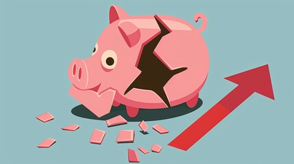 Obraz premium Broken piggy bank, large red arrow pointing down, flat design, top view, loss theme, cartoon drawing, vivid colors