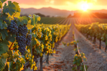 Naklejka premium A vineyard with a sun shining on the grapes