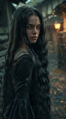 A woman with long black hair standing in a alley