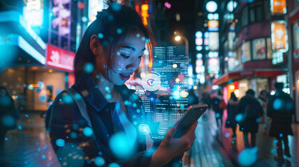 Obraz premium Young woman using smartphone with glowing data in city at night