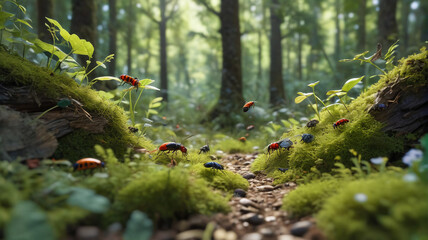 Discovering the hidden lives of small insects and critters that thrive in the undergrowth creating a bustling community beneath the trees, Generative AI