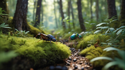 Obraz premium Journeying through the underbrush to observe the intricate lifestyles of tiny creatures that sustain the forest's delicate balance, Generative AI