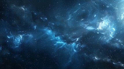 Create a blue background with a cosmic theme, including galaxies, stars, and nebulae, capturing the vastness and mystery of space.