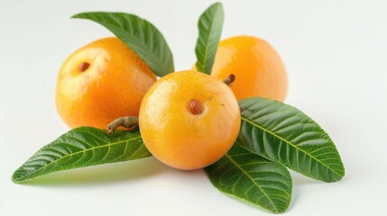 Two loquat fruits and green leaves isolated on a white background