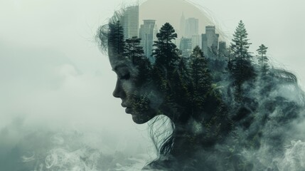Fototapeta premium double exposure of profile face of woman looking down, cinematic lighting, foggy misty, forest scene, artstation style
