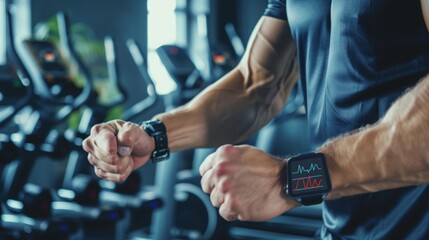 A man in a gym checks his fitness tracker showing a heart rate monitor.