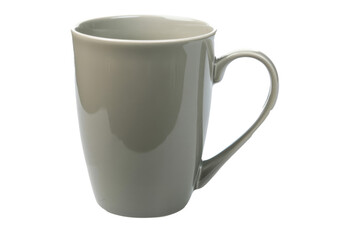 A white coffee cup with a handle sits on a white background