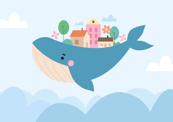 Childrens Magic Posters. Fantasy Magic City on the Back of Whale Flying in the Sky. Children Vector Illustration for Nursery Wall.