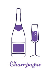 Champagne bottle and glass in flat design. Outline violet alcoholic drinks with wineglasses. Linear icons beverages isolated on white background. Thin line graphics. Vector illustration.