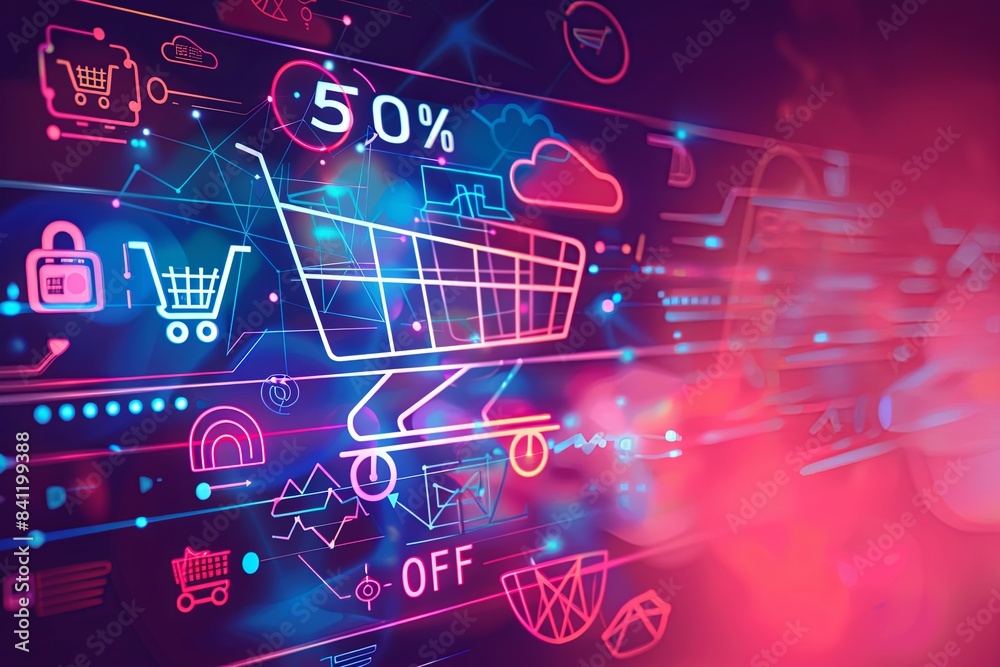 Aufkleber A futuristic abstract background with a shopping cart and icons representing a digital sale with 50% off. Generative AI