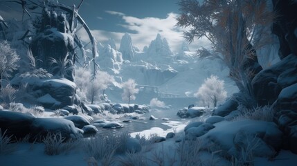 Fantasy Winter Landscape Backdrop, Alien Mountain Planet Design Backdrop, Science Fiction Snowy Valley World Concept Wallpaper, Tranquil Digital Scifi Nature Scenic View Artwork Relaxing Adventure Art