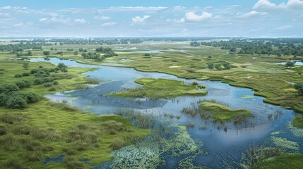Naklejka premium Create an aerial perspective of a wetland area, with a network of waterways, marshes, and patches of vegetation, highlighting the unique ecosystem and its biodiversity.