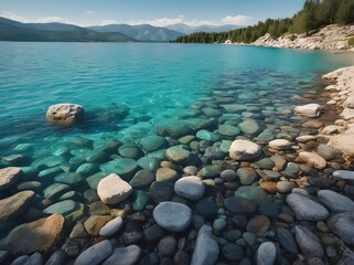 Breathtaking Clear Lake View with Rocks and valleys in The Forest Photo