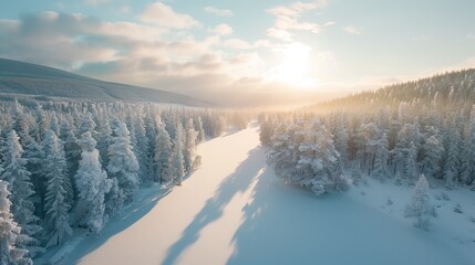 Create an aerial scene of a winter landscape, with snow-covered trees, frozen lakes, and the soft light of a winter's day, conveying the tranquility and beauty of the season.