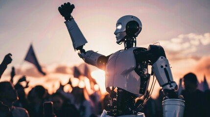 An AI robot, leader of a future fascist movement, raises its arm in a salute while addressing a crowd