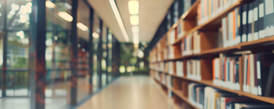 Blurred perspective of a modern public library interior with rows of bookshelves and large windows. Serene and quiet atmosphere.