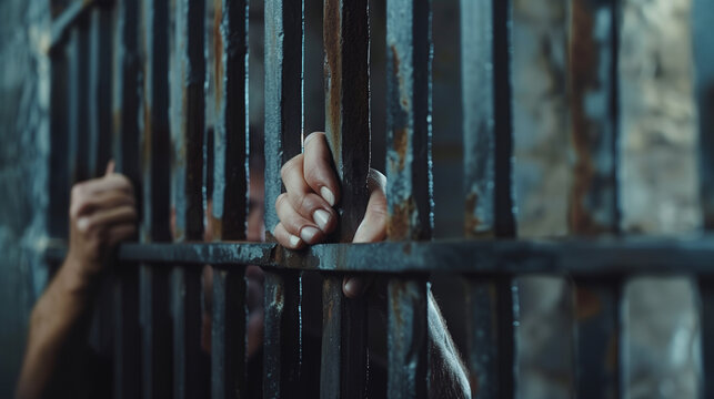 Close up of prisoner hands gripping jail bars, highlighting the feelings of confinement and captivity. Dramatic and poignant.