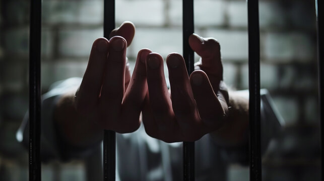 Close-up shot of prisoner hands gripping jail bars, capturing a sense of confinement and desperation.