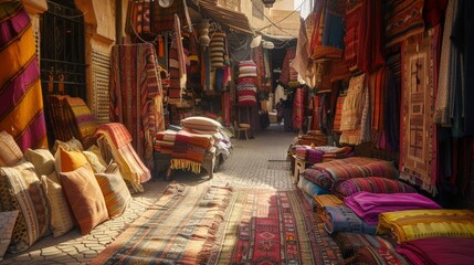 Fototapeta premium Create an image of a bustling Moroccan souk with vibrant textiles, spices, and crafts, highlighting the sensory richness of exotic markets.