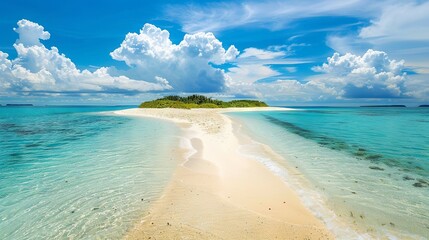 Sand spit of a tropical island stretching into the distance. Beautiful sunny summer landscape with white sand beach. 