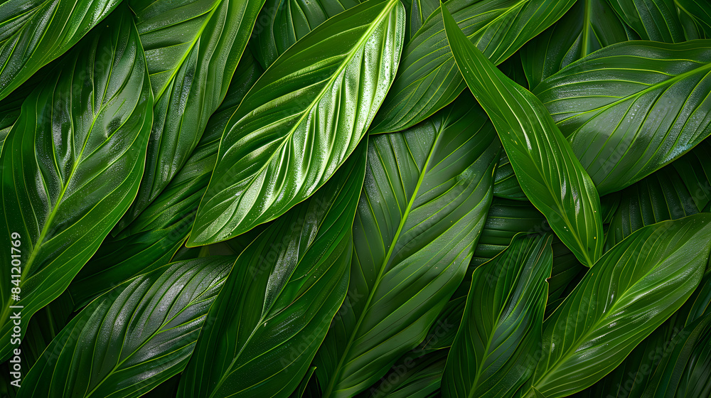 Wall mural leaves of Spathiphyllum cannifolium, abstract green texture, nature background, tropical leaf