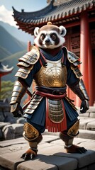 Samurai lemur in armor against the backdrop of a Japanese temple in the mountains