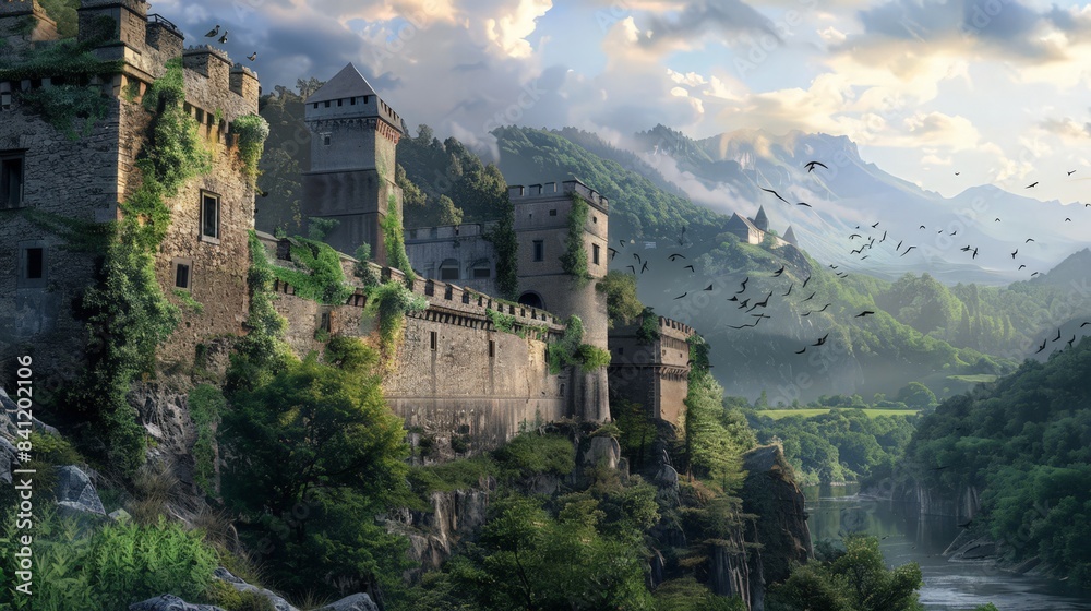 Poster Create an image of a historic castle overlooking a scenic valley, emphasizing the allure of exploring ancient architecture and rich history.