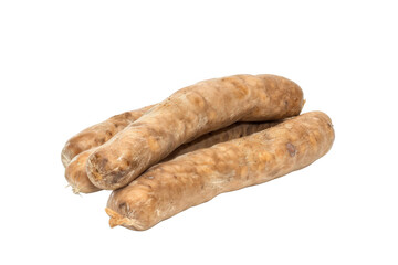 Three sausage links are on a white background