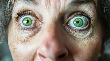 A close-up portrait of a womans face, focusing on her large, piercing green eyes
