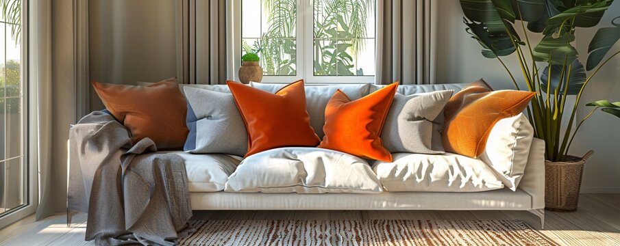 A 3D character arranges pillows and throws on a sofa, creating a comfortable and stylish seating area. The scene highlights the character's effort to blend functionality and aesthetics in their home