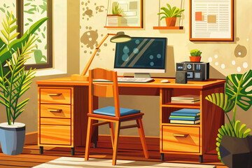 Wooden work desk with laptop and documents, books, modern interior of cozy cabinet, table for businessman or student at home, comfortable workspace, workplace with computer in apartment