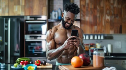 A shirtless man with a muscular physique checks his phone while standing in a modern kitchen. He is surrounded by fresh produce.