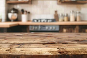 Wood table top on blurred kitchen background. can be used mock up for montage products display or design layout with generative ai