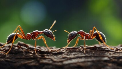 Fototapeta premium A Long, Winding Ant Trail Meandering Through the Dense Forest Floor on a Foraging Expedition