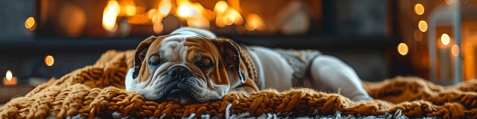 Obraz premium Bulldog lying on a cozy blanket in front of a roaring fireplace, rustic ambiance, Cozy, Warm tones, Illustration