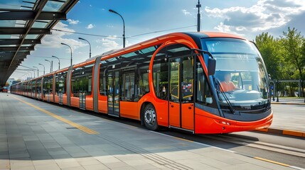 Electric buses in urban transit, promoting clean public transportation in a modern city, buses lined up at a bus station