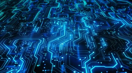 Design a blue background with a futuristic circuit board pattern, ideal for technology, science, and innovation-related visuals.