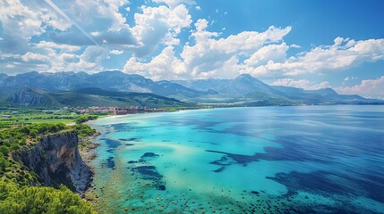 Wonderful mediterranean resort landscape of calm turquoise sea, wide beach line, green parks, mountains on horizon with white clouds and bright blue