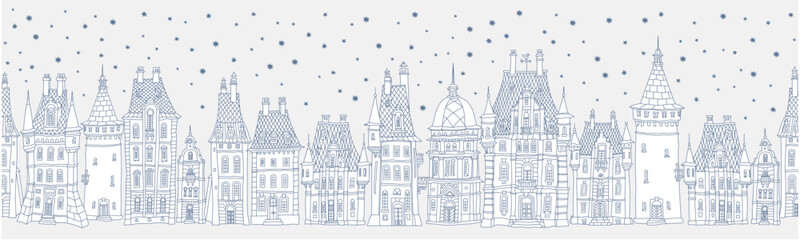 Christmas and New Year seamless border pattern. Fairy tale European castles and houses panorama. Hand drawn blue and white sketch
