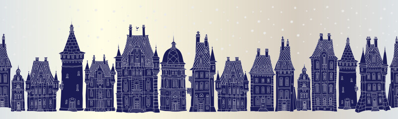Obraz premium Christmas and New Year seamless border pattern. Fairy tale European houses panorama. Hand drawn blue and white sketch on a silver pearl background
