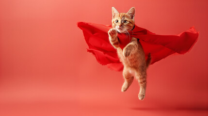 Adorable orange tabby kitten dressed as a superhero in a red cape, appearing to fly in front of a red background. Captures the imagination and playful spirit.